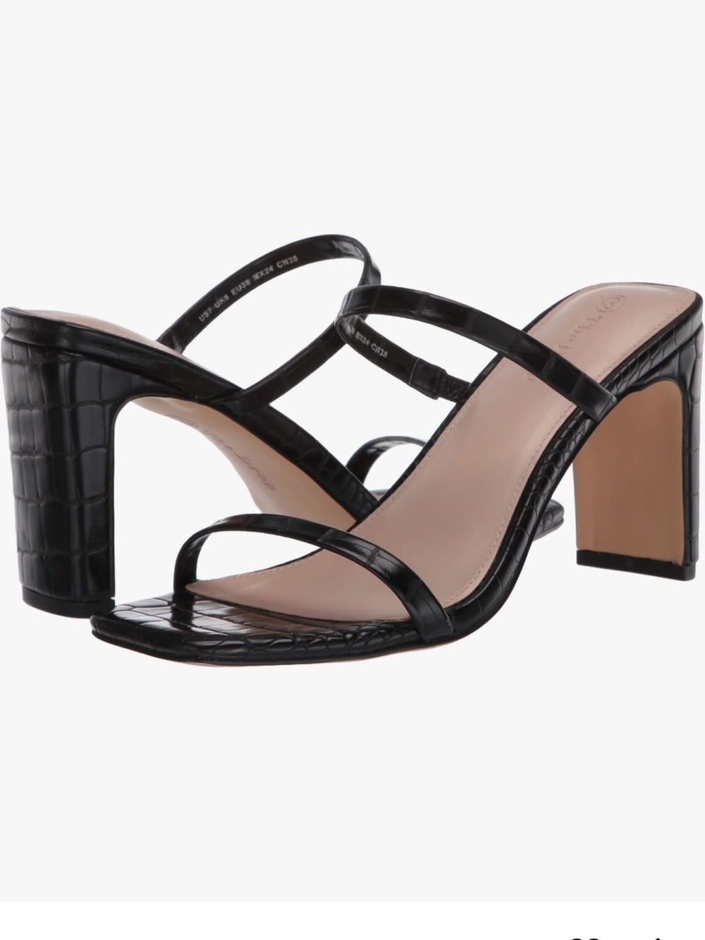 Croc-Embossed Black Strappy Block Heel Sandals